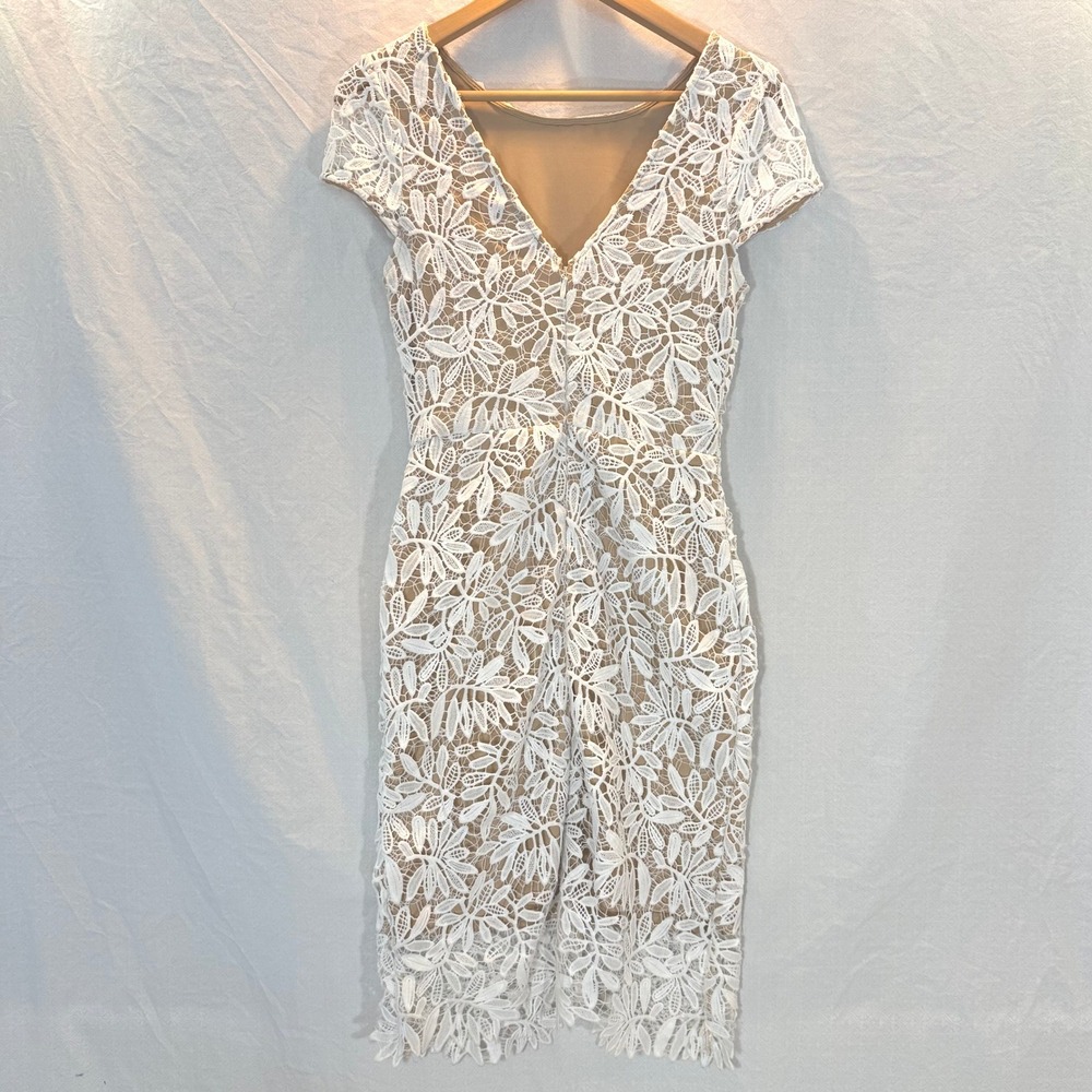 Lulus White Floral Crochet Lace Nude Lining Cap Sleeve Midi Dress Size Small - Picture 2 of 11